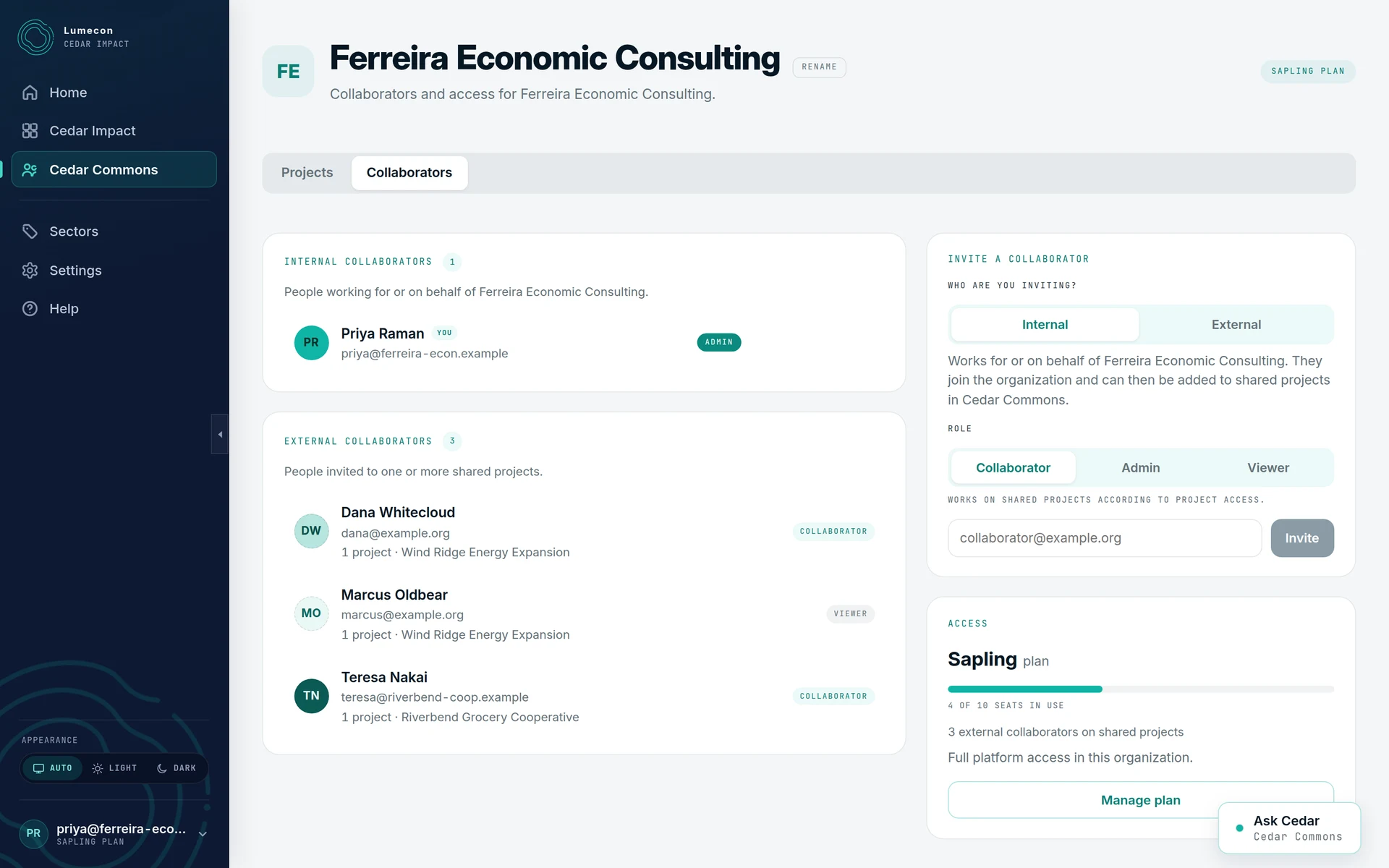 A consultancy’s collaborator view: one internal person and three client contacts across two different clients, each listed with the single project they can reach. Shown with sample data.